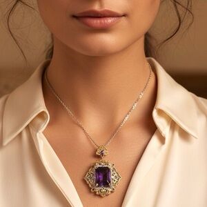 Antique Amethyst Pendant Necklace, Two Tone, Gold, Silver, Women’s, Gemstone,